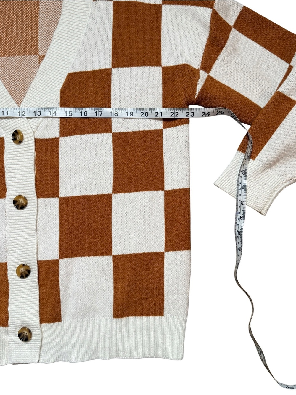 Oversized Medium Brown Cream Buffalo Plaid Knit Cardigan Sweater - Picture 8 of 11